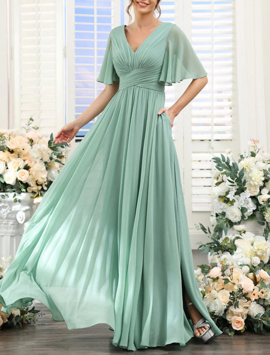 NumberSea - A - Line Bridesmaid Dress V Neck Short Sleeve Elegant Floor Length Chiffon with Split Front