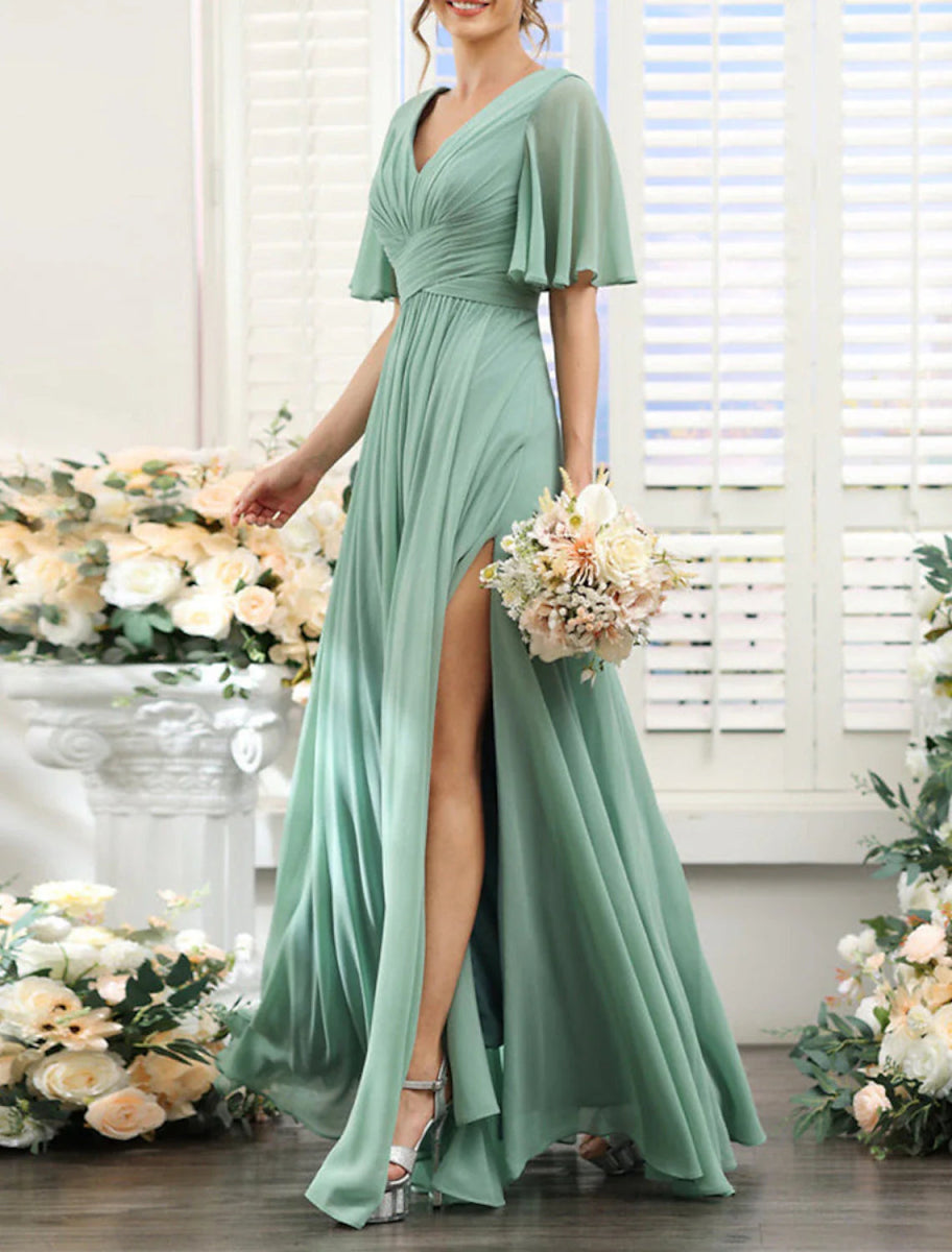 NumberSea - A - Line Bridesmaid Dress V Neck Short Sleeve Elegant Floor Length Chiffon with Split Front