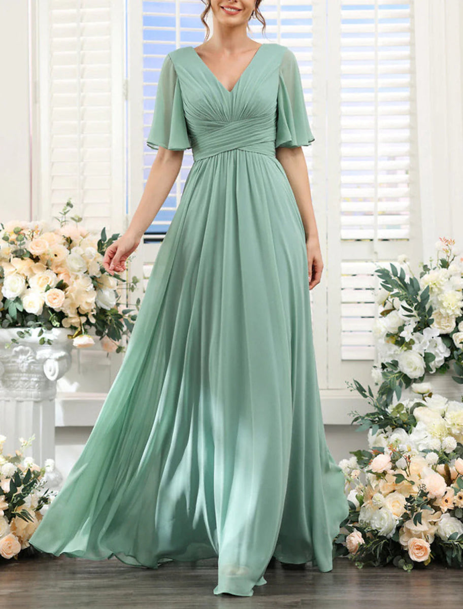 NumberSea - A - Line Bridesmaid Dress V Neck Short Sleeve Elegant Floor Length Chiffon with Split Front