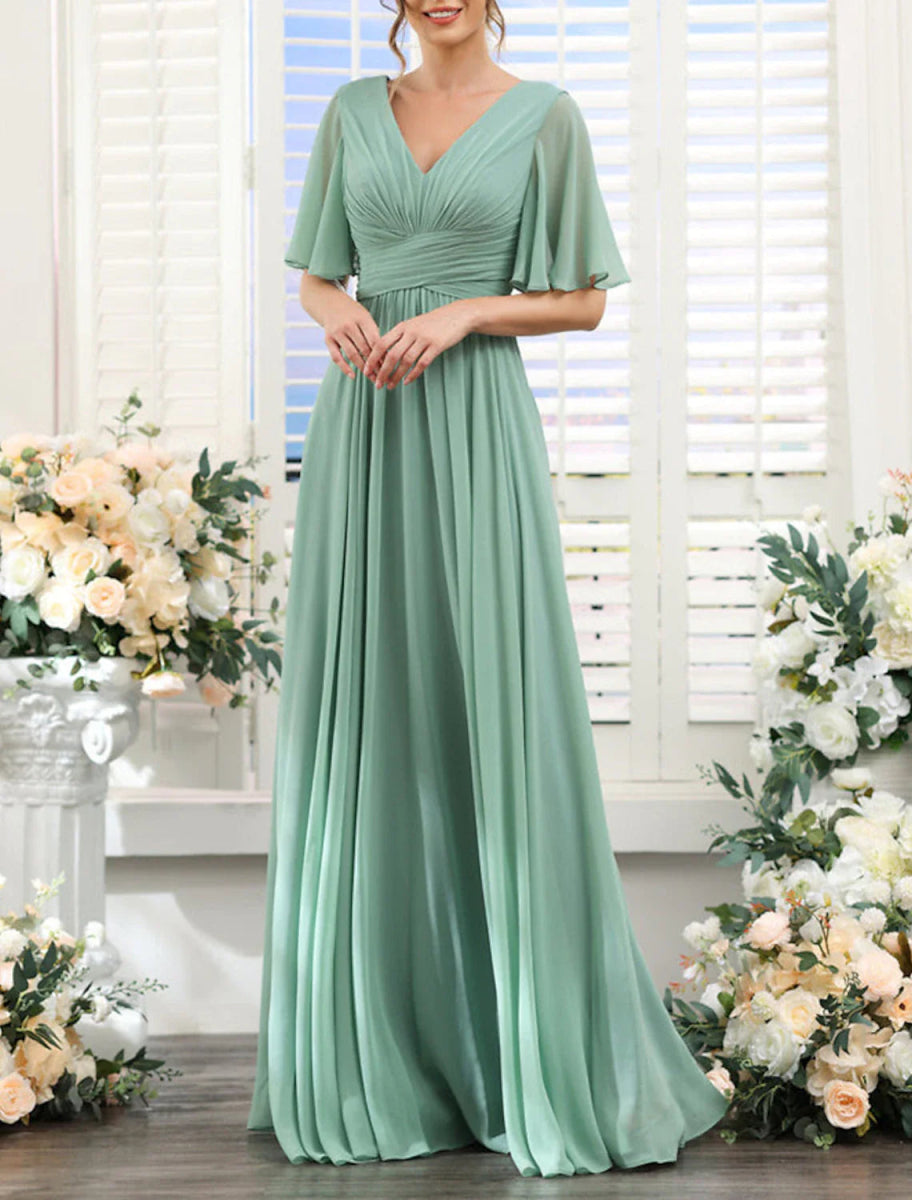 NumberSea - A - Line Bridesmaid Dress V Neck Short Sleeve Elegant Floor Length Chiffon with Split Front