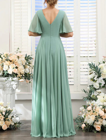 NumberSea - A - Line Bridesmaid Dress V Neck Short Sleeve Elegant Floor Length Chiffon with Split Front