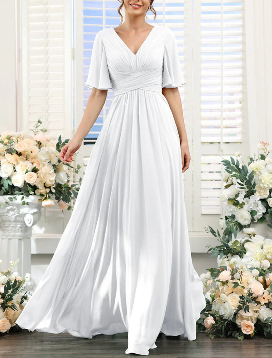 NumberSea - A - Line Bridesmaid Dress V Neck Short Sleeve Elegant Floor Length Chiffon with Split Front