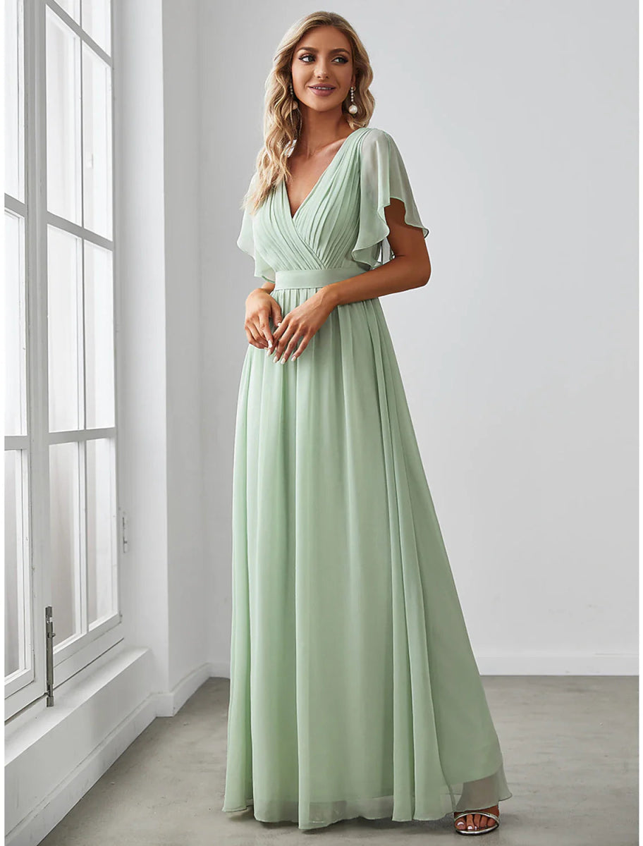 NumberSea - A - Line Bridesmaid Dress V Neck Short Sleeve Elegant Stretch Chiffon with Ruffles / Solid Color