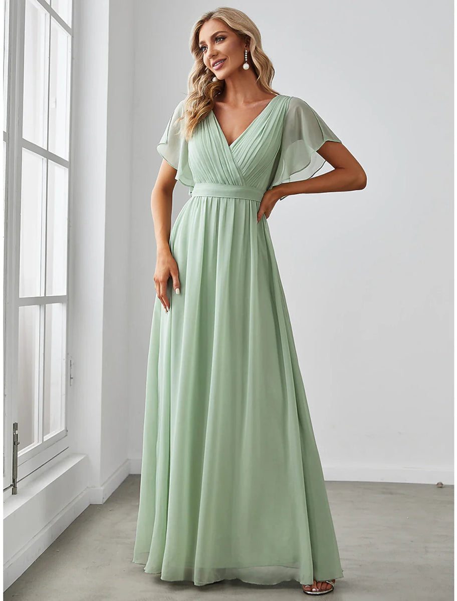 NumberSea - A - Line Bridesmaid Dress V Neck Short Sleeve Elegant Stretch Chiffon with Ruffles / Solid Color