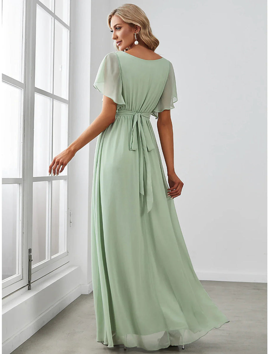 NumberSea - A - Line Bridesmaid Dress V Neck Short Sleeve Elegant Stretch Chiffon with Ruffles / Solid Color