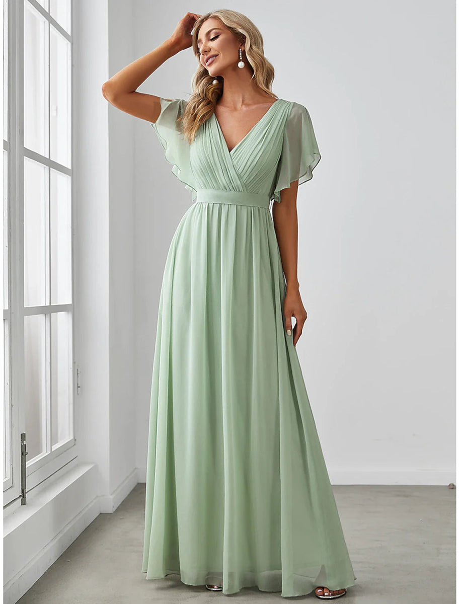 NumberSea - A - Line Bridesmaid Dress V Neck Short Sleeve Elegant Stretch Chiffon with Ruffles / Solid Color