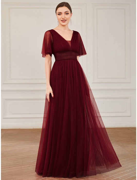 NumberSea - A - Line Bridesmaid Dress V Neck Short Sleeve Plus Size Floor Length Tulle with Ruffles / Draping / Tier