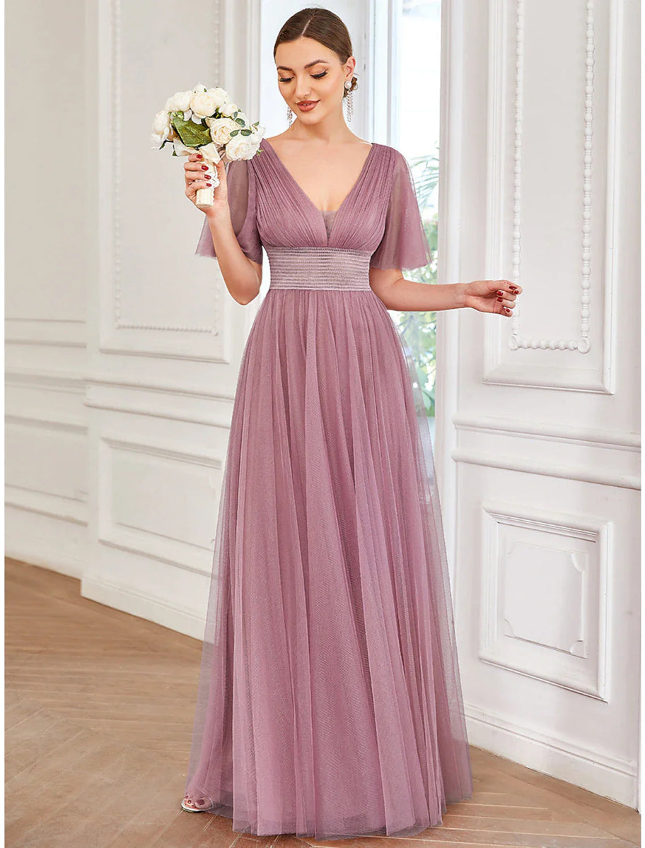 NumberSea - A - Line Bridesmaid Dress V Neck Short Sleeve Plus Size Floor Length Tulle with Ruffles / Draping / Tier