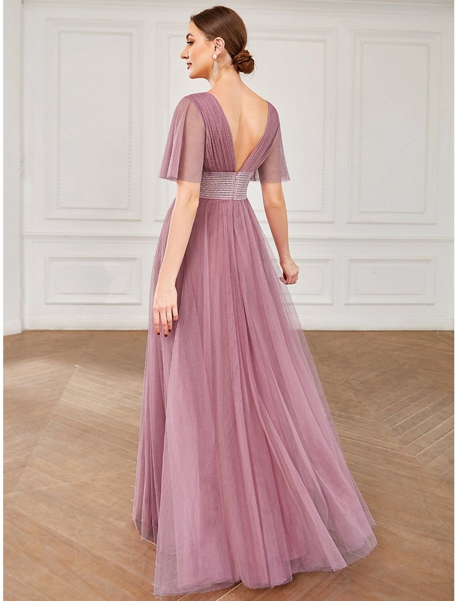 NumberSea - A - Line Bridesmaid Dress V Neck Short Sleeve Plus Size Floor Length Tulle with Ruffles / Draping / Tier