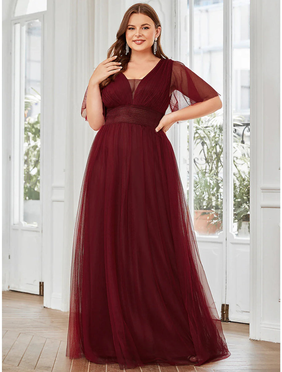 NumberSea - A - Line Bridesmaid Dress V Neck Short Sleeve Plus Size Floor Length Tulle with Ruffles / Draping / Tier