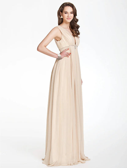 NumberSea - A - Line Bridesmaid Dress V Neck Sleeveless Beautiful Back Floor Length Chiffon with Pleats / Beading / Draping