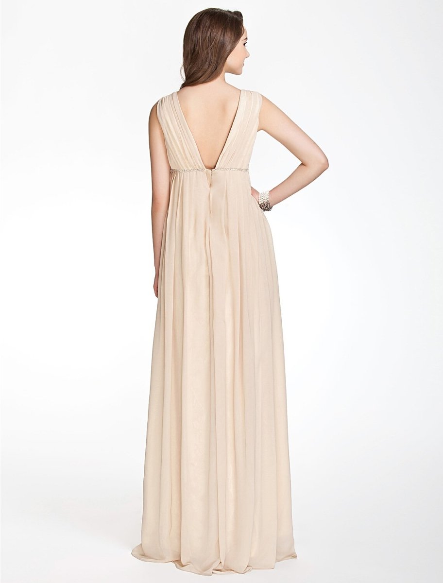 NumberSea - A - Line Bridesmaid Dress V Neck Sleeveless Beautiful Back Floor Length Chiffon with Pleats / Beading / Draping