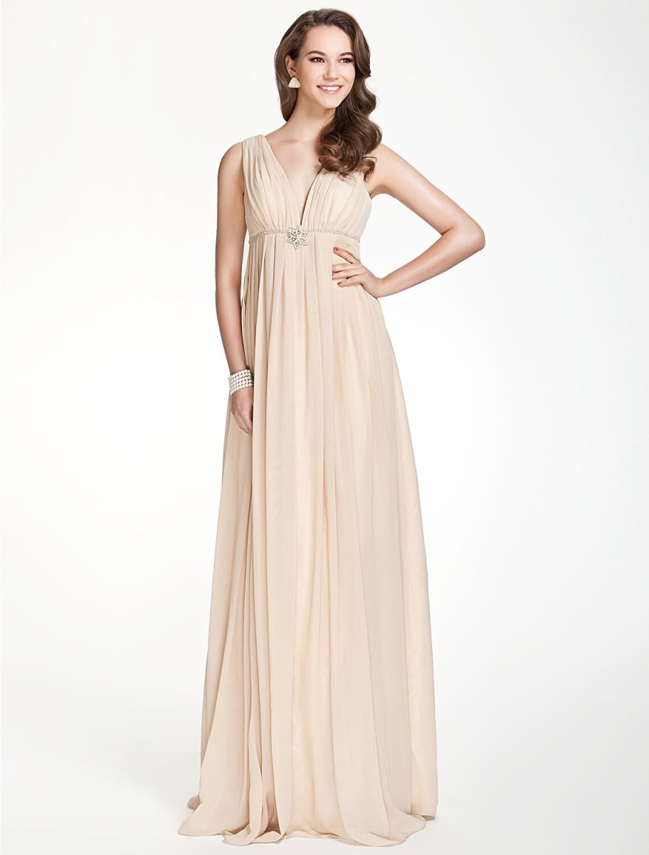 NumberSea - A - Line Bridesmaid Dress V Neck Sleeveless Beautiful Back Floor Length Chiffon with Pleats / Beading / Draping