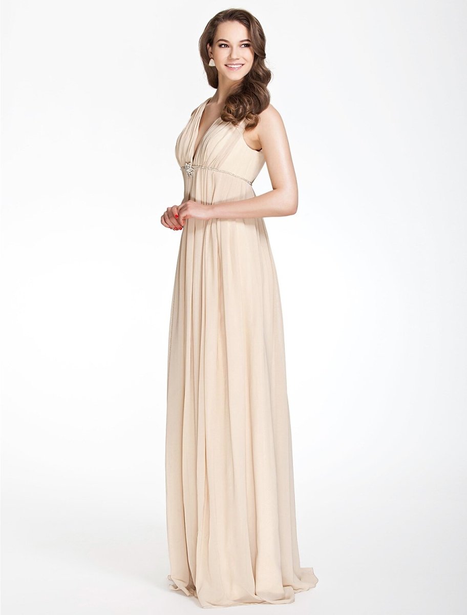 NumberSea - A - Line Bridesmaid Dress V Neck Sleeveless Beautiful Back Floor Length Chiffon with Pleats / Beading / Draping