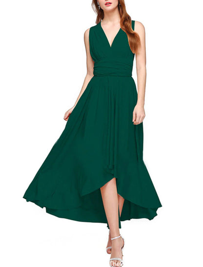 NumberSea - A - Line Bridesmaid Dress V Neck Sleeveless Convertible Infinity Asymmetrical Spandex with Pleats / Solid Color