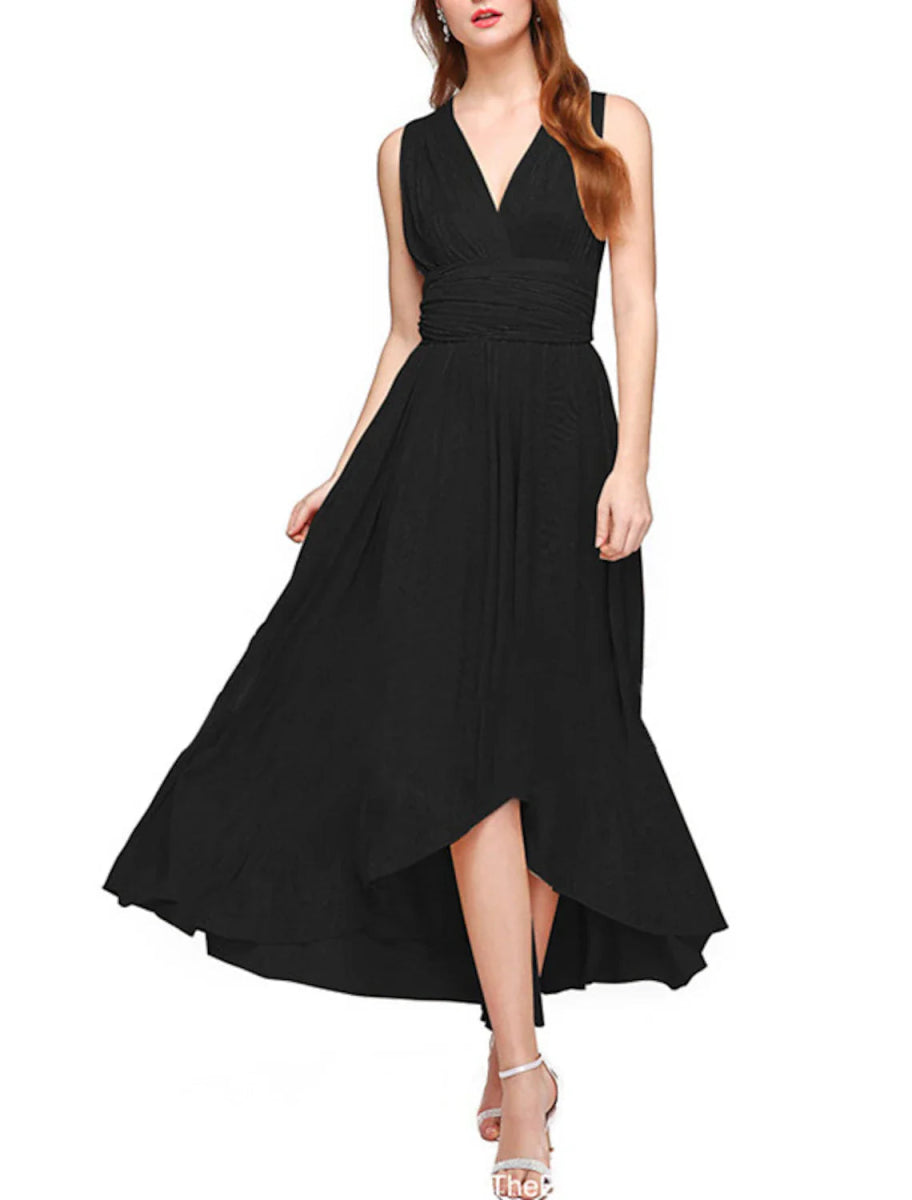 NumberSea - A - Line Bridesmaid Dress V Neck Sleeveless Convertible Infinity Asymmetrical Spandex with Pleats / Solid Color