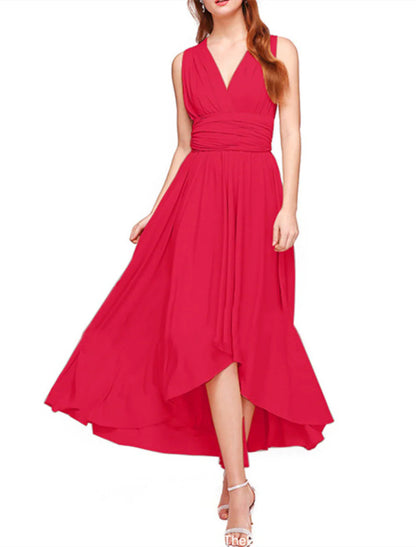 NumberSea - A - Line Bridesmaid Dress V Neck Sleeveless Convertible Infinity Asymmetrical Spandex with Pleats / Solid Color