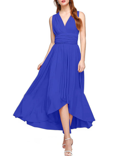 NumberSea - A - Line Bridesmaid Dress V Neck Sleeveless Convertible Infinity Asymmetrical Spandex with Pleats / Solid Color