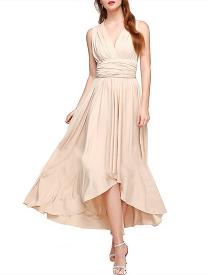 NumberSea - A - Line Bridesmaid Dress V Neck Sleeveless Convertible Infinity Asymmetrical Spandex with Pleats / Solid Color