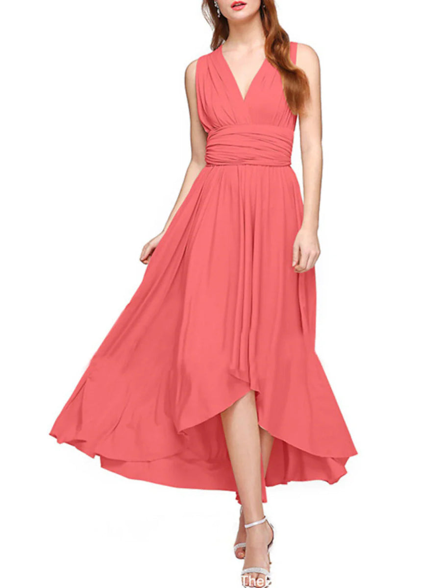 NumberSea - A - Line Bridesmaid Dress V Neck Sleeveless Convertible Infinity Asymmetrical Spandex with Pleats / Solid Color