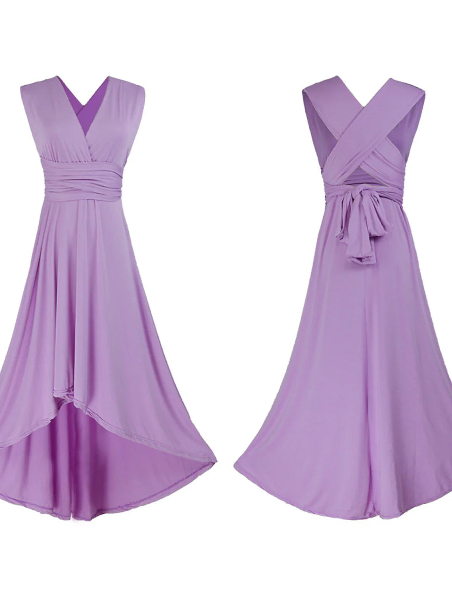 NumberSea - A - Line Bridesmaid Dress V Neck Sleeveless Convertible Infinity Asymmetrical Spandex with Pleats / Solid Color