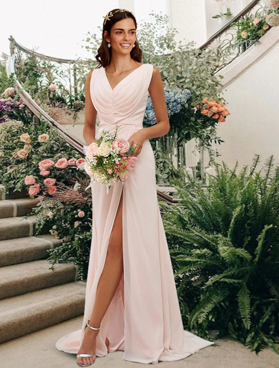 NumberSea - A - Line Bridesmaid Dress V Neck Sleeveless Elegant Floor Length Chiffon with Split Front / Ruching