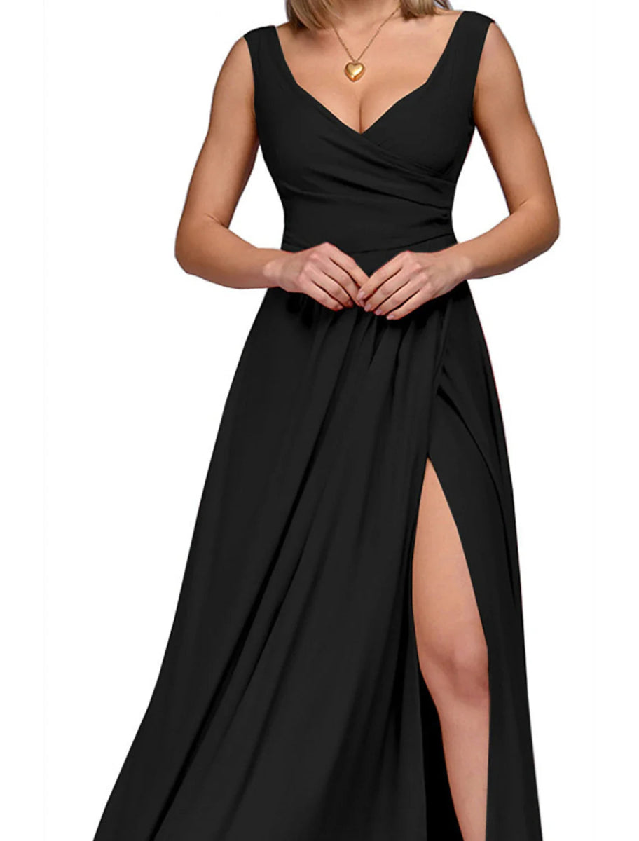 NumberSea - A - Line Bridesmaid Dress V Neck Sleeveless Elegant Floor Length Spandex with Split Front / Ruching