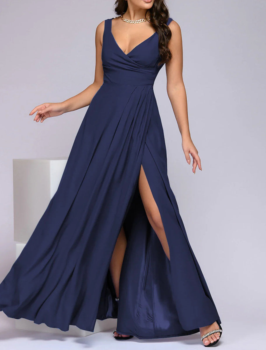 NumberSea - A - Line Bridesmaid Dress V Neck Sleeveless Elegant Floor Length Spandex with Split Front / Ruching