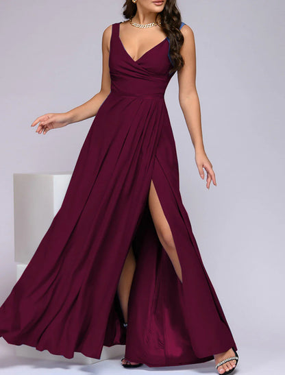 NumberSea - A - Line Bridesmaid Dress V Neck Sleeveless Elegant Floor Length Spandex with Split Front / Ruching