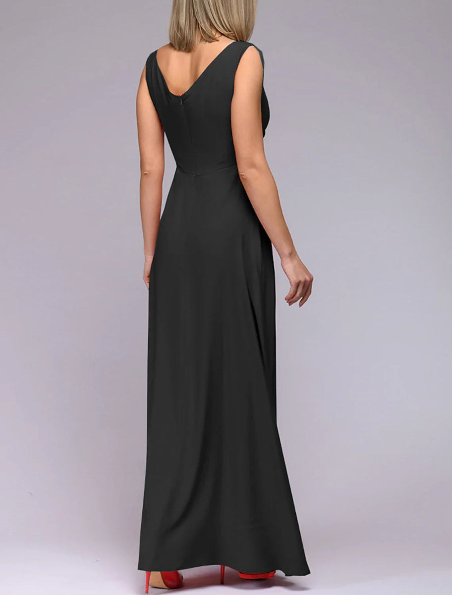 NumberSea - A - Line Bridesmaid Dress V Neck Sleeveless Elegant Floor Length Spandex with Split Front / Ruching