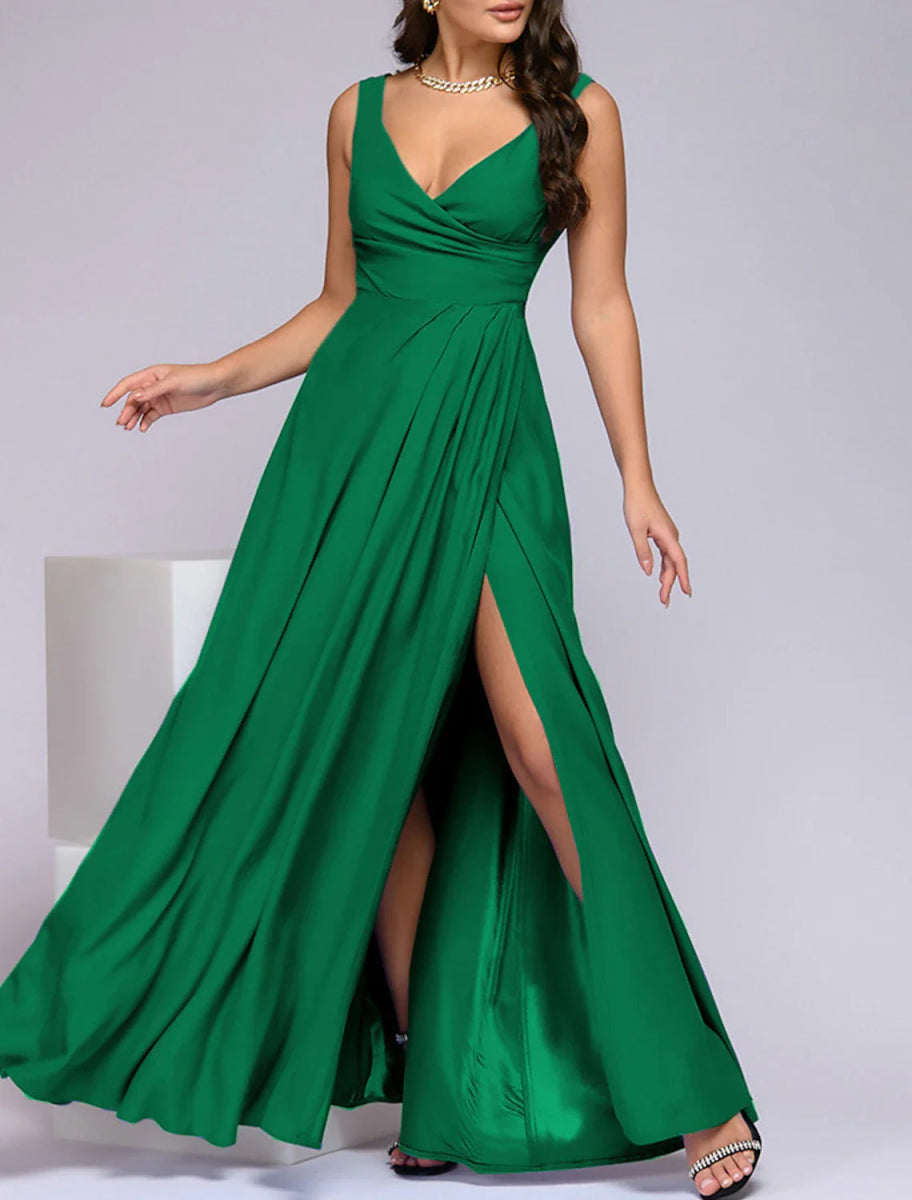 NumberSea - A - Line Bridesmaid Dress V Neck Sleeveless Elegant Floor Length Spandex with Split Front / Ruching