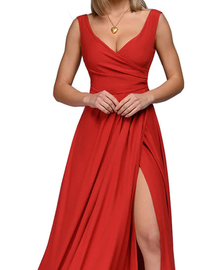 NumberSea - A - Line Bridesmaid Dress V Neck Sleeveless Elegant Floor Length Spandex with Split Front / Ruching