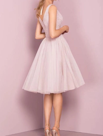 NumberSea - A - Line Bridesmaid Dress V Neck Sleeveless Elegant Knee Length Tulle with Pleats