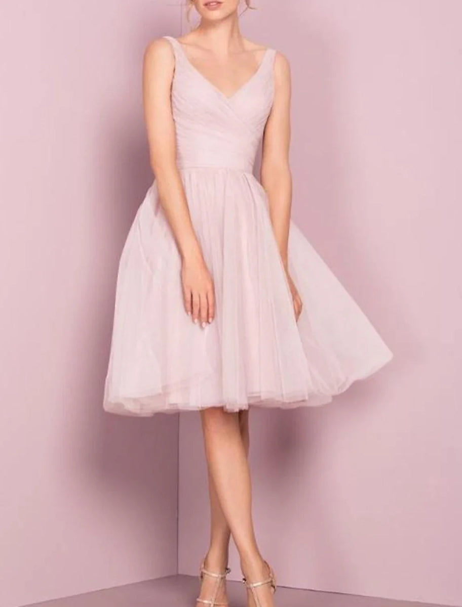 NumberSea - A - Line Bridesmaid Dress V Neck Sleeveless Elegant Knee Length Tulle with Pleats