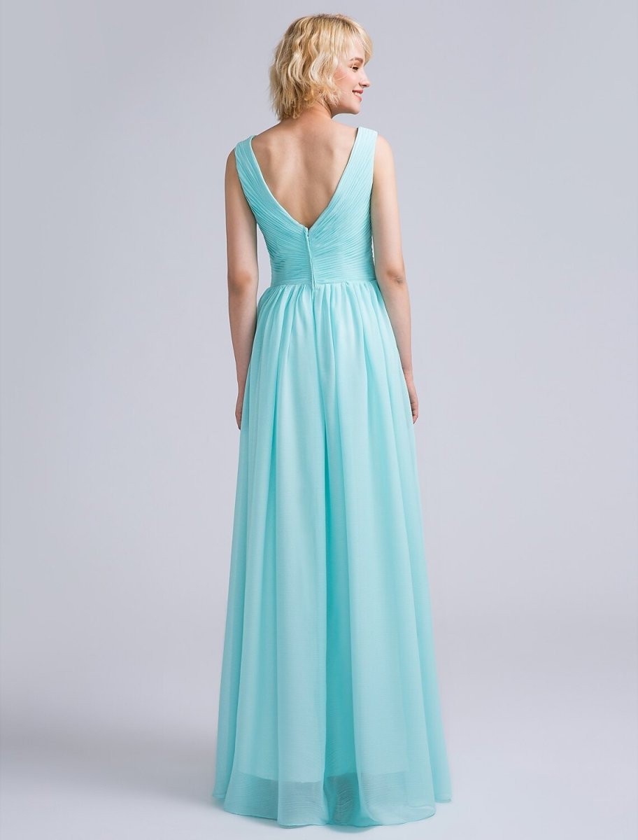 NumberSea - A - Line Bridesmaid Dress V Neck Sleeveless Open Back Floor Length Chiffon with Criss Cross