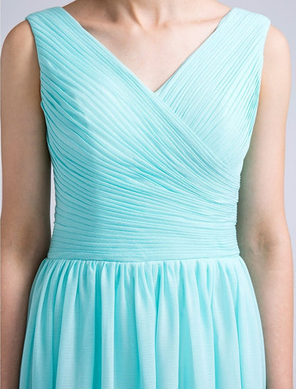 NumberSea - A - Line Bridesmaid Dress V Neck Sleeveless Open Back Floor Length Chiffon with Criss Cross