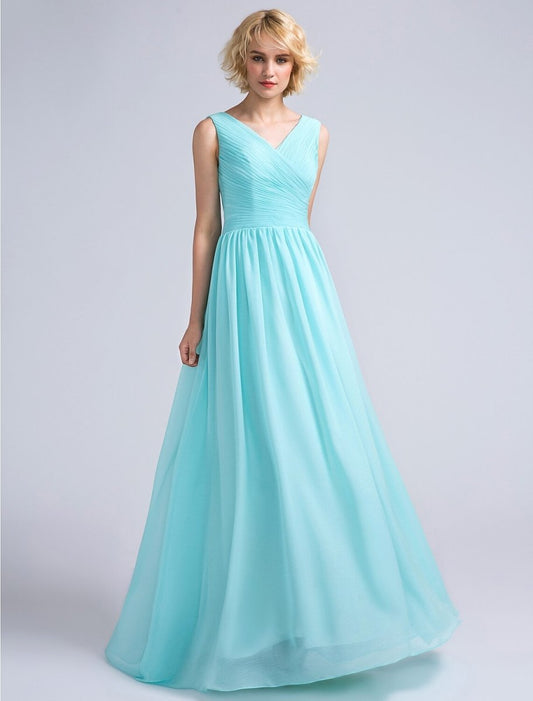 NumberSea - A - Line Bridesmaid Dress V Neck Sleeveless Open Back Floor Length Chiffon with Criss Cross