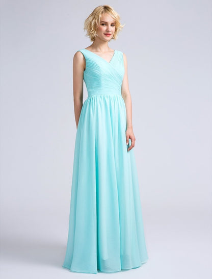 NumberSea - A - Line Bridesmaid Dress V Neck Sleeveless Open Back Floor Length Chiffon with Criss Cross