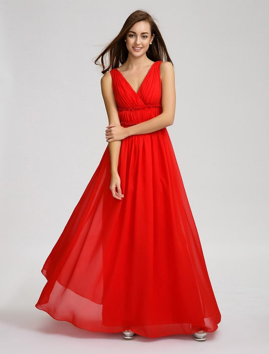 NumberSea - A - Line Bridesmaid Dress V Neck Sleeveless Open Back Floor Length Chiffon with Criss Cross / Draping / Side Draping