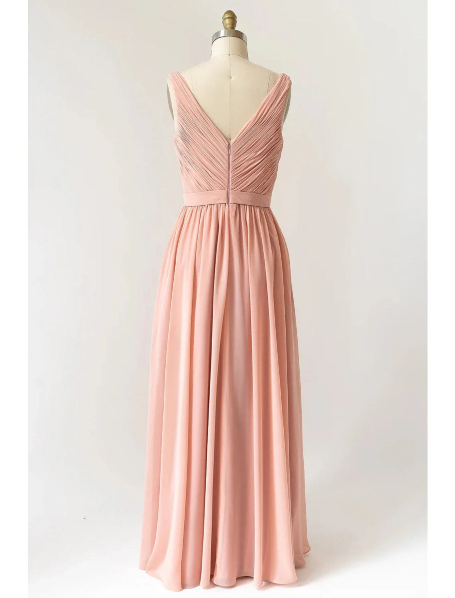 NumberSea - A - Line Bridesmaid Dress V Neck Sleeveless Open Back Floor Length Chiffon with Pleats