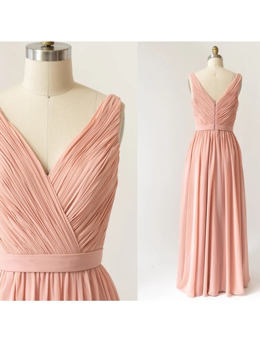 NumberSea - A - Line Bridesmaid Dress V Neck Sleeveless Open Back Floor Length Chiffon with Pleats