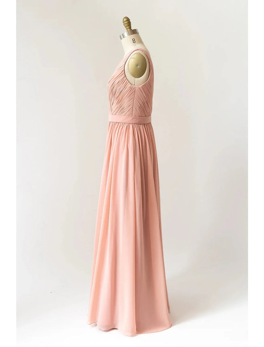 NumberSea - A - Line Bridesmaid Dress V Neck Sleeveless Open Back Floor Length Chiffon with Pleats