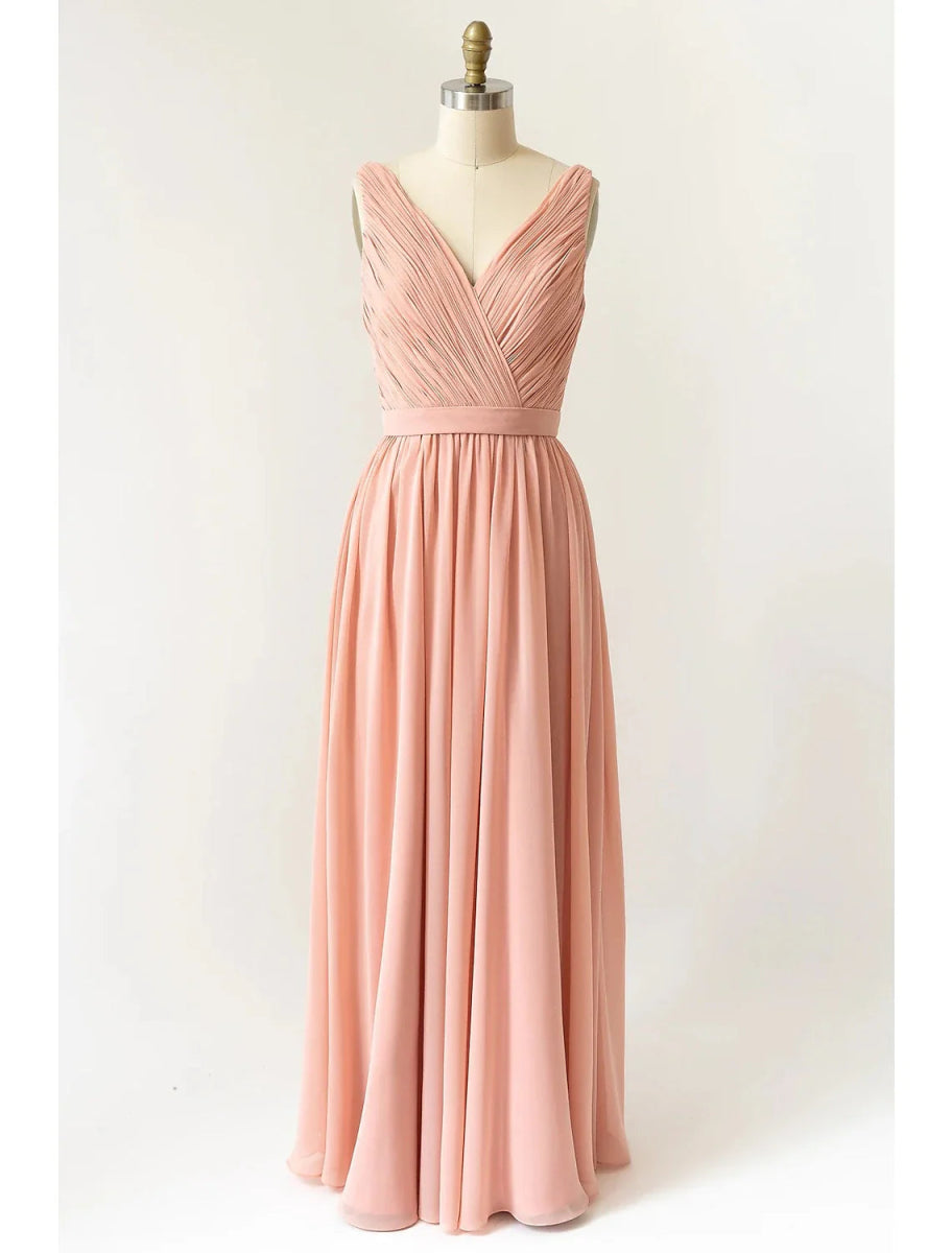 NumberSea - A - Line Bridesmaid Dress V Neck Sleeveless Open Back Floor Length Chiffon with Pleats