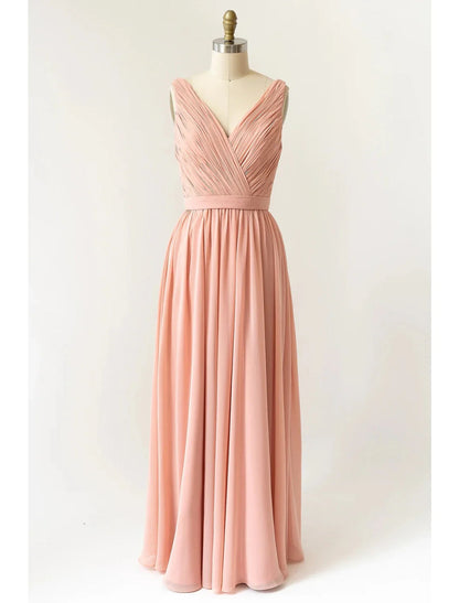 NumberSea - A - Line Bridesmaid Dress V Neck Sleeveless Open Back Floor Length Chiffon with Pleats