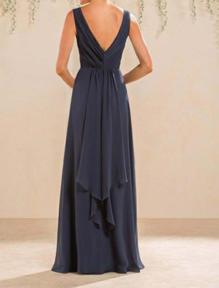 NumberSea - A - Line Bridesmaid Dress V Neck Sleeveless Open Back Floor Length Chiffon with Pleats / Split Front