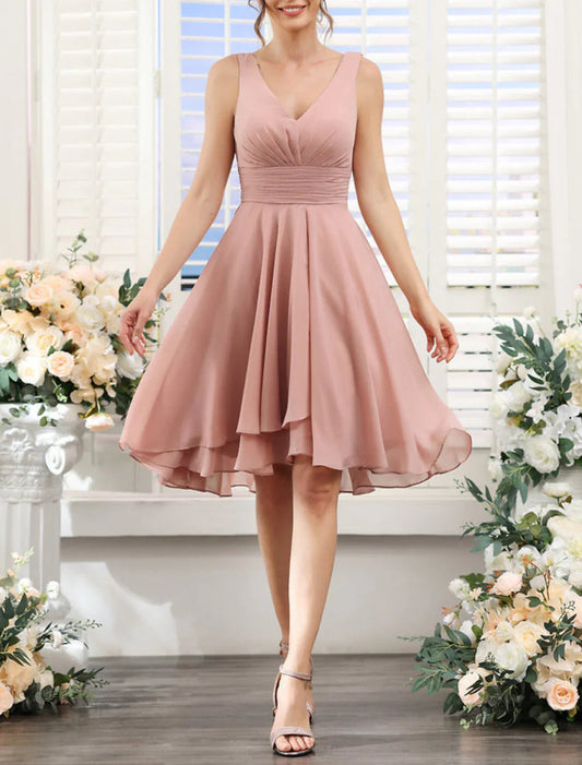 NumberSea - A - Line Bridesmaid Dress V Neck Sleeveless Pink Knee Length Chiffon with Ruching / Solid Color