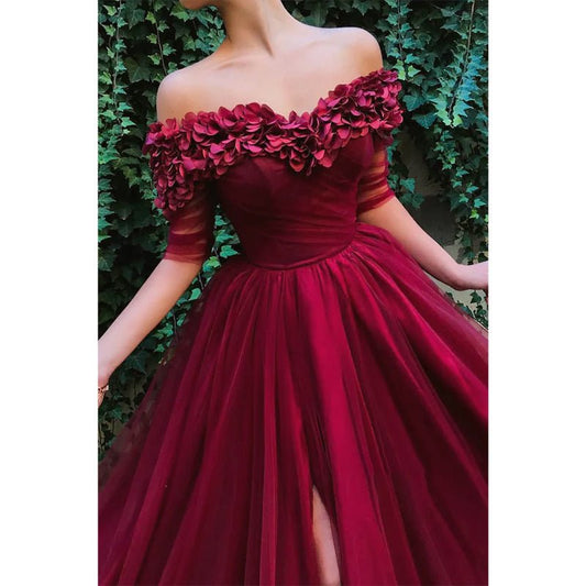 NumberSea - A - line Burgundy Tulle Off - the - shoulder Appliques Long Formal Evening Dress with Slit