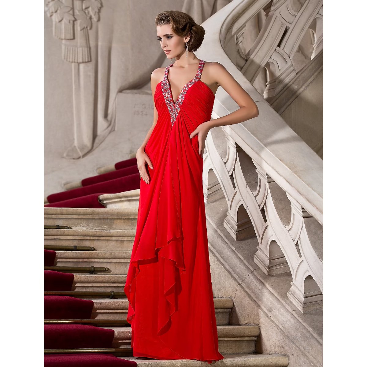 NumberSea - A - Line Celebrity Style Dress Formal Evening Floor Length Sleeveless Plunging Neck Chiffon with Beading