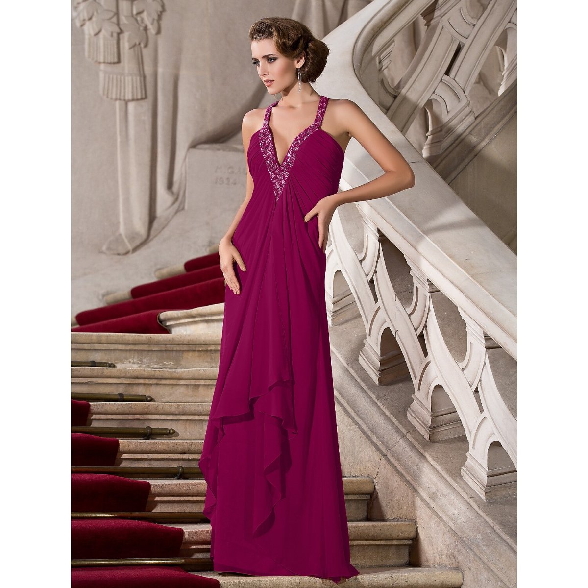 NumberSea - A - Line Celebrity Style Dress Formal Evening Floor Length Sleeveless Plunging Neck Chiffon with Beading