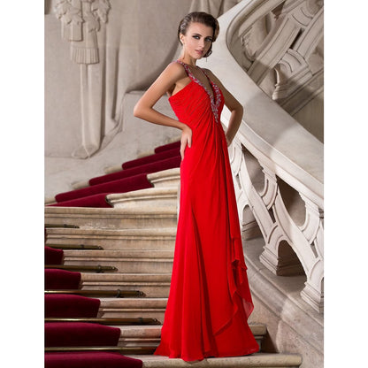 NumberSea - A - Line Celebrity Style Dress Formal Evening Floor Length Sleeveless Plunging Neck Chiffon with Beading